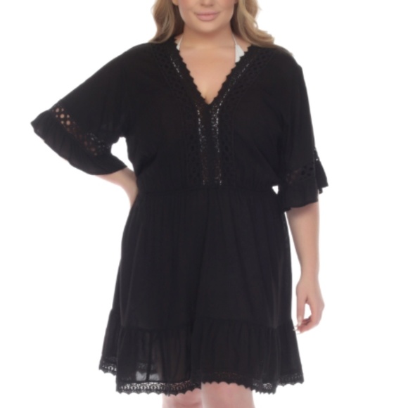 Raviya Plus Size Lace-Inset Mini Cover-up Rayon Dress Black Size OX 9319 - Picture 1 of 2